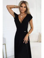 411-12 CRYSTAL lesklé dlhé šaty s výstrihom - BLACK