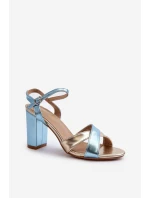 Eko Skórzane Sandały Na Obcasie Słupku Niebiesko-Złote Abilica