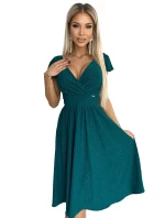425-6 MATILDE Šaty s výstrihom a krátkymi rukávmi - ZELENÉ s trblietkami