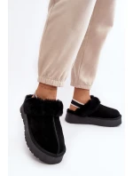 Skórzane Zamszowe Kapcie Damskie Na Platformie Z Futerkiem Czarne Sophienne