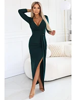 404-15 Elegantné dlhé šaty s obálkovým výstrihom a rozparkom - fľaškovo zelené