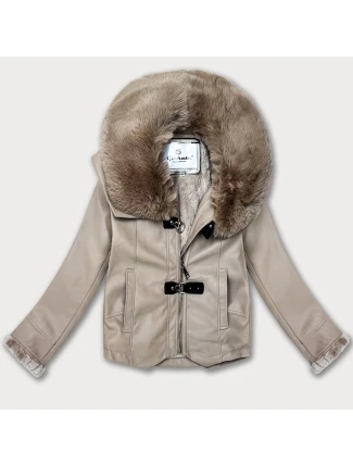 Bunda z eko kože s kožušinovým golierom Glakate beige (LU98091#)