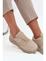 Skórzane Sneakersy Damskie Na Platformie Artiker 55C0021 Beżowe