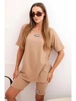 Dámsky bavlnený set s krátkym rukávom a šortkami camel