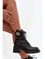 Skórzane Botki Workery Damskie Na Klocku Z Ozdobnym Detalem Artiker 57C0214 Czarne