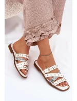 Zdobione Klapki Damskie Na Płaskim Obcasie Z Paskami I Klamrą Białe Manitte