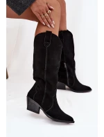 Skórzane Zamszowe Kozaki Kowbojki Damskie Ocieplane Czarne Urselle