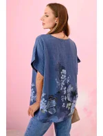 Dámske bavlnené tričko s motýľmi a kvetmi denim