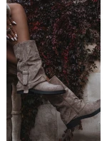 Kozaki Damskie Z Wywiniętą Cholewką Do Połowy Łydki Z Klamrą Khaki Minelle