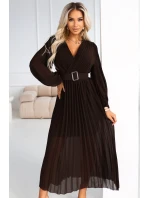 414-11 KLARA plisované elegantné midi šaty s opaskom a výstrihom - čokoládové