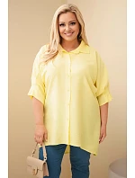 Dámske bavlnené tričko plus size s gombíkmi a golierom žlté