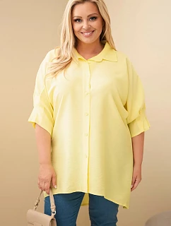 Dámske bavlnené tričko plus size s gombíkmi a golierom žlté