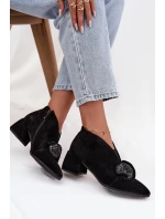 Skórzane Zamszowe Botki Damskie Na Obcasie Z Ozdobą D&A MR52-182 Czarne