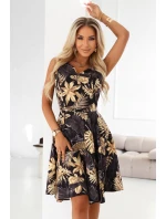 114-18 Čierne midi šaty s elegantným vrchným dielom a rozšírenou spodnou časťou - zlaté listy