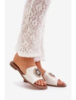 Skórzane Klapki Z Ozdobą Na Płaskim Obcasie Lewski 3047/O Złoty Przecierany