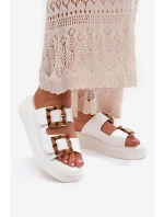 Eko Skórzane Klapki Damskie Na Platformie Z Klamrami Białe Xanivia