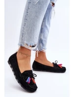 Zamszowe Mokasyny Z Kokardą I Frędzlami Czarne Dorine