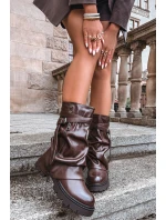 Kozaki Damskie Z Wywiniętą Cholewką Do Połowy Łydki Z Paskiem Czekoladowe Darisa