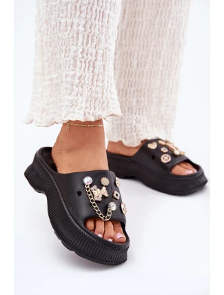 Piankowe Klapki Damskie Ze Złotymi Przypinkami Czarne Hortiana