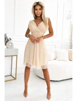 541-3 CELESTINA Elegantné tylové šaty s výstrihom a mašľou - BEACH