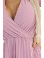 313-16 ISABELLE Poľsko plisované šaty s dlhými rukávmi a výstrihom - púdrovo ružové