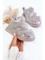 Skórzane Dziecięce Śniegowce Ocieplane Srebrne Leela