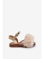 Sandałki Dziecięce Na Rzep Z Futerkiem Złote Rosavere