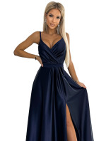 JULIET - Elegantné tmavo modré dlhé dámske saténové šaty s výstrihom 512-2