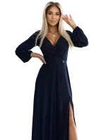 572-1 Dlhé trblietavé šaty NELA s výstrihom a dlhými rukávmi - ZELENÉ