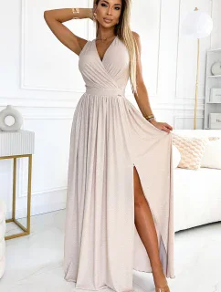 362-8 JUSTINE Dlhé šaty s výstrihom a zaväzovaním na chrbte - béžové s trblietkami