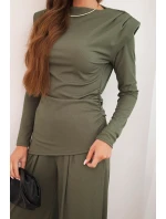 Dámsky bavlnený set s blúzkou a širokými nohavicami Khaki
