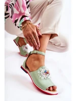 Damskie Skórzane Sandałki Z Ozdobą Zielone Nevassa