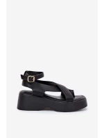 Sandały Damskie Na Platformie I Koturnie Eko Skórzane Czarne Tenzorus