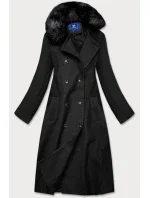 Dlhý čierny kabát s kožušinovým golierom (20201202)