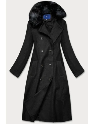 Dlhý čierny kabát s kožušinovým golierom (20201202)