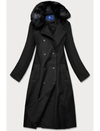 Dlhý čierny kabát s kožušinovým golierom (20201202)