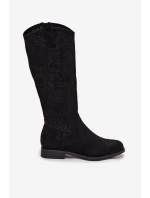 Kozaki Damskie Ażurowe Na Płaskim Obcasie S.Barski HY52-534 Czarne