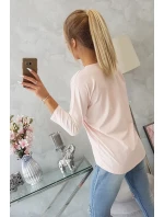 Blúzka s 3D grafikou a zdobenými volánikmi púdrovo ružová Blúzka s 3D grafikou a zdobenými volánikmi púdrovo ružová