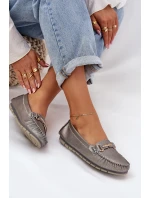 Brokatowe Płaskie Mokasyny Ze Skóry Naturalnej D&A LR51-546 Srebrne