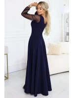 640-3 LORETTA jedinečné dlhé šaty s tylovými rukávmi a výstrihom - tmavomodré