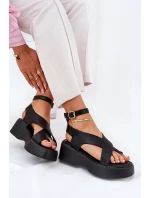 Sandały Damskie Na Platformie I Koturnie Eko Skórzane Czarne Tenzorus
