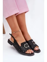 Skórzane Sandały Z Ozdobą Na Płaskim Obcasie S.Barski KV51-096 Czarne