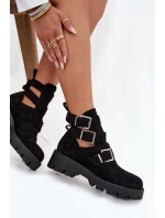 Botki Damskie Z Paskami I Srebrnymi Klamrami Czarne Helisse