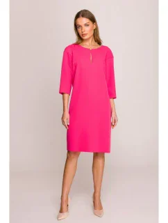 S394 Uvoľnené šaty s výstrihom s kľúčovou dierkou - ružové
