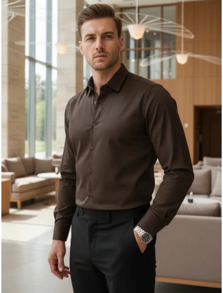 Pánska elegantná hladká tmavohnedá košeľa SLIM FIT FashionStreet DX2679