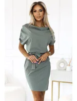 240-4 ROXI šaty s asymetrickou sukňou a opaskom - farba OLIVE 240-4 ROXI šaty s asymetrickou sukňou a opaskom - farba OLIVE