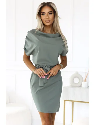 240-4 ROXI šaty s asymetrickou sukňou a opaskom - farba OLIVE 240-4 ROXI šaty s asymetrickou sukňou a opaskom - farba OLIVE