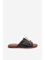 Skórzane Płaskie Eleganckie Klapki Z Kokardką Lewski 3572 Czarne