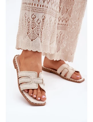 Zdobione Klapki Na Płaskim Obcasie Beżowe Anniles