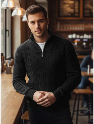 Pánsky sveter s golierom čierny FashionStreet WX2328 Pánsky sveter s golierom čierny FashionStreet WX2328